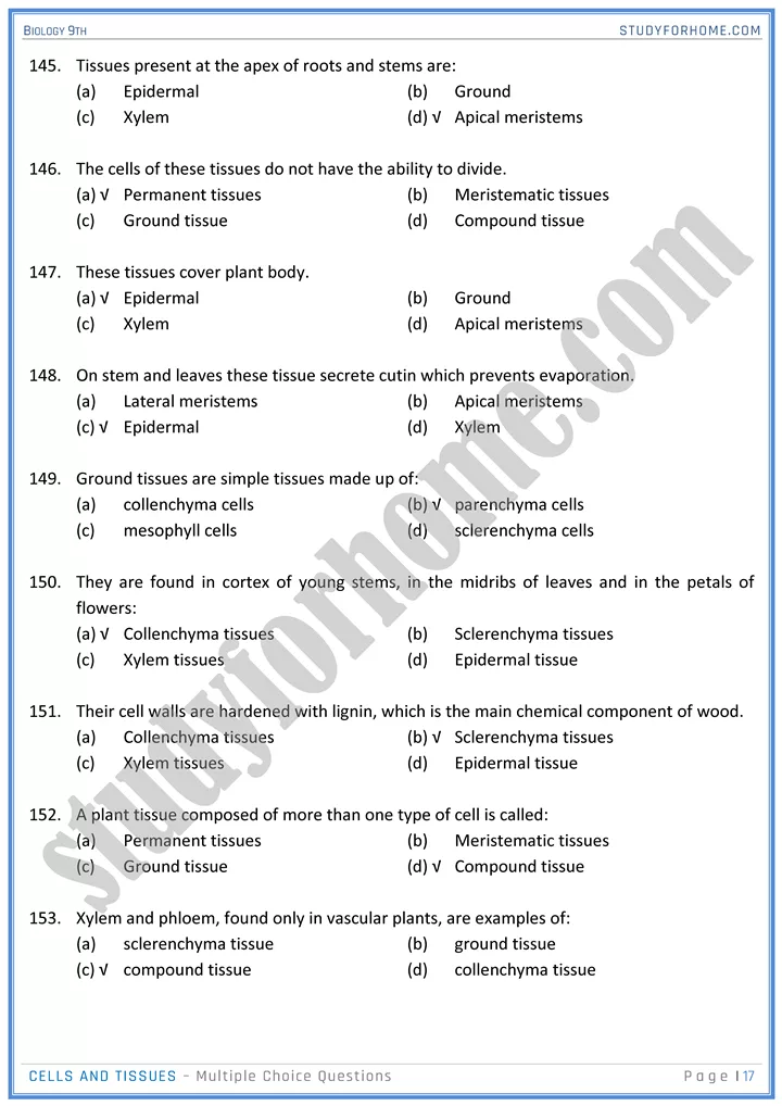 cells and tissues mcqs biology 9th 17