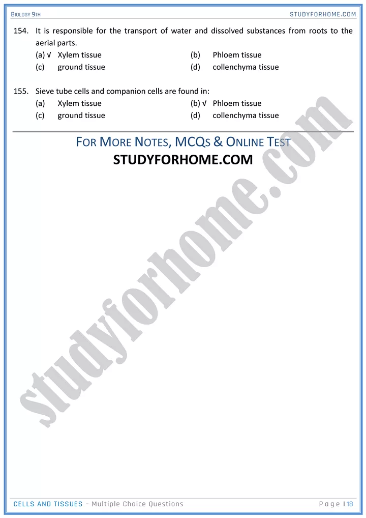 cells and tissues mcqs biology 9th 18