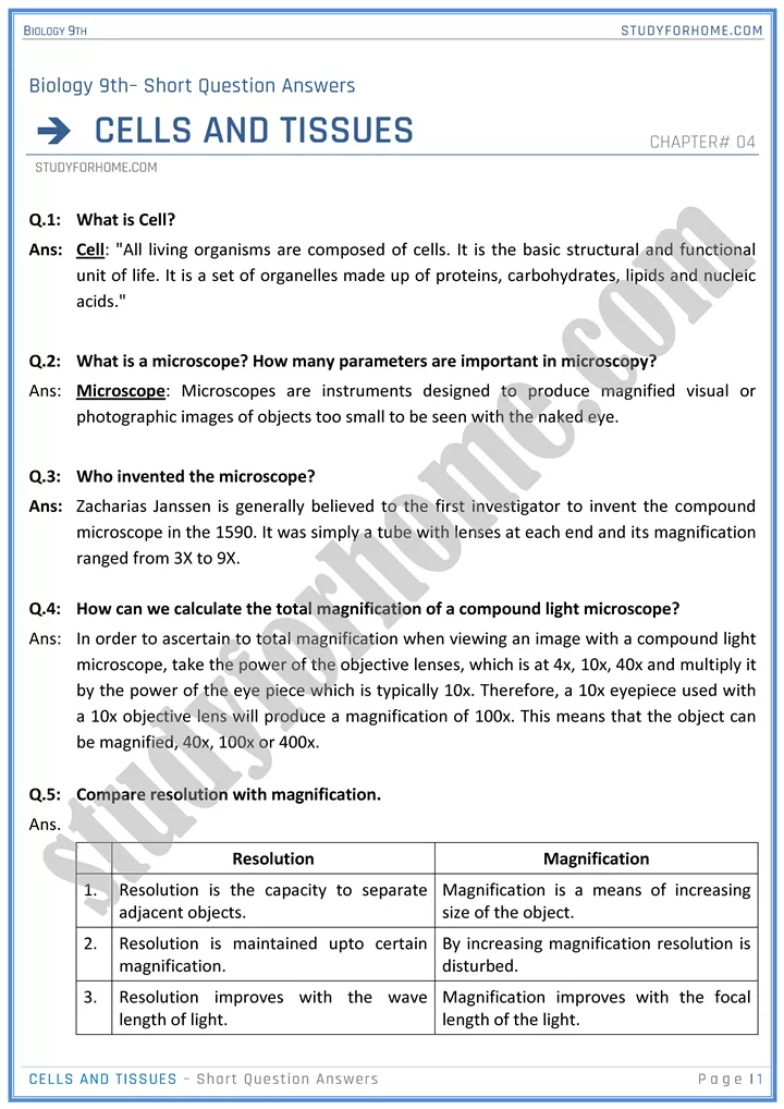 cells and tissues short question answers biology 9th 1