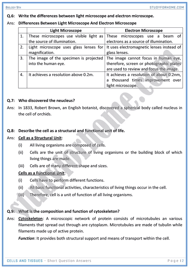 cells and tissues short question answers biology 9th 2