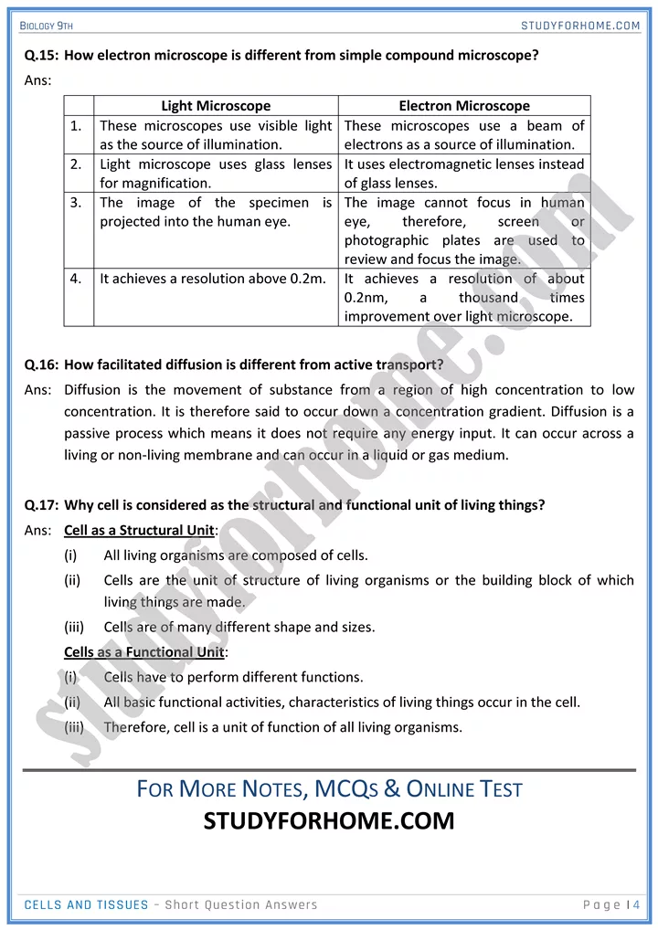 cells and tissues short question answers biology 9th 4