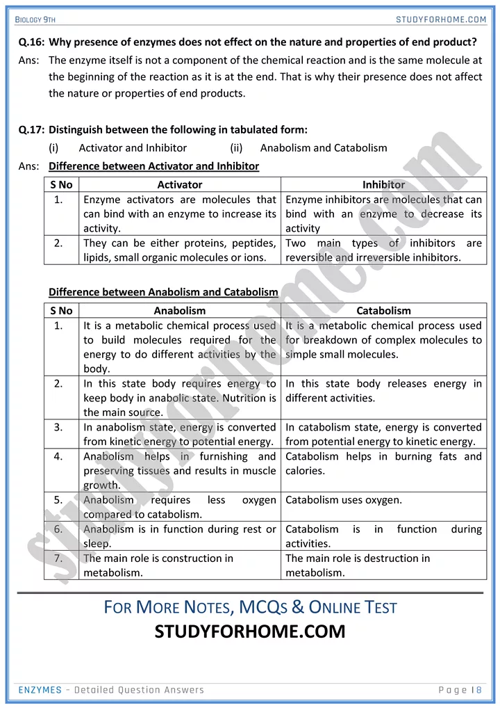 enzymes detailed question answers biology 9th 8