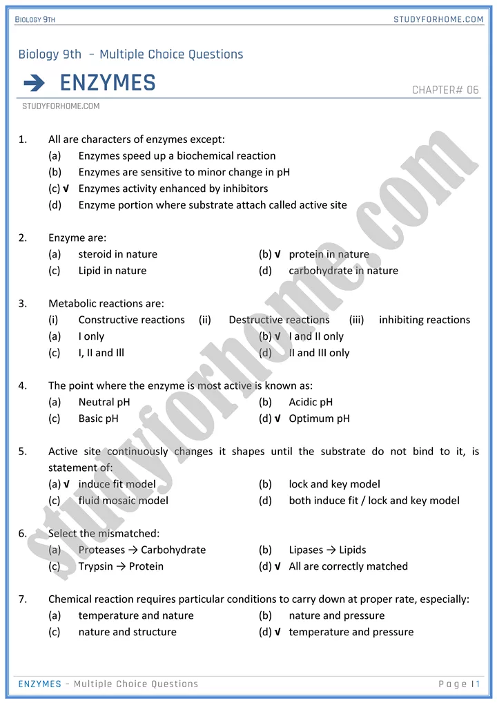 enzymes mcqs biology 9th 1