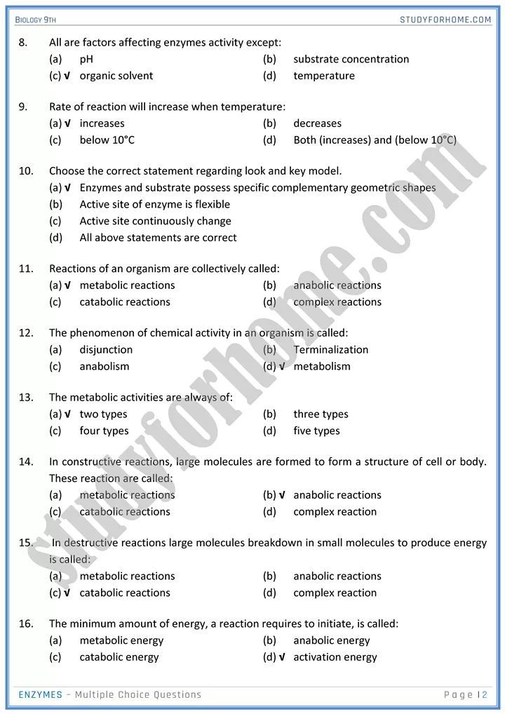 enzymes mcqs biology 9th 2