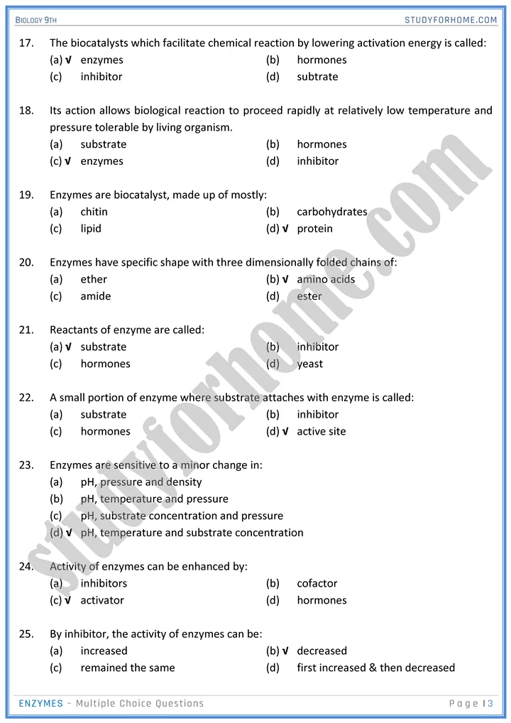 enzymes mcqs biology 9th 3