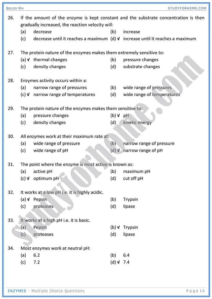 enzymes mcqs biology 9th 4