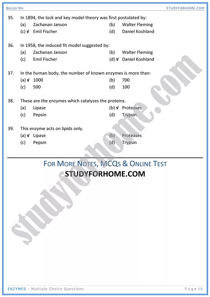 enzymes mcqs biology 9th 5