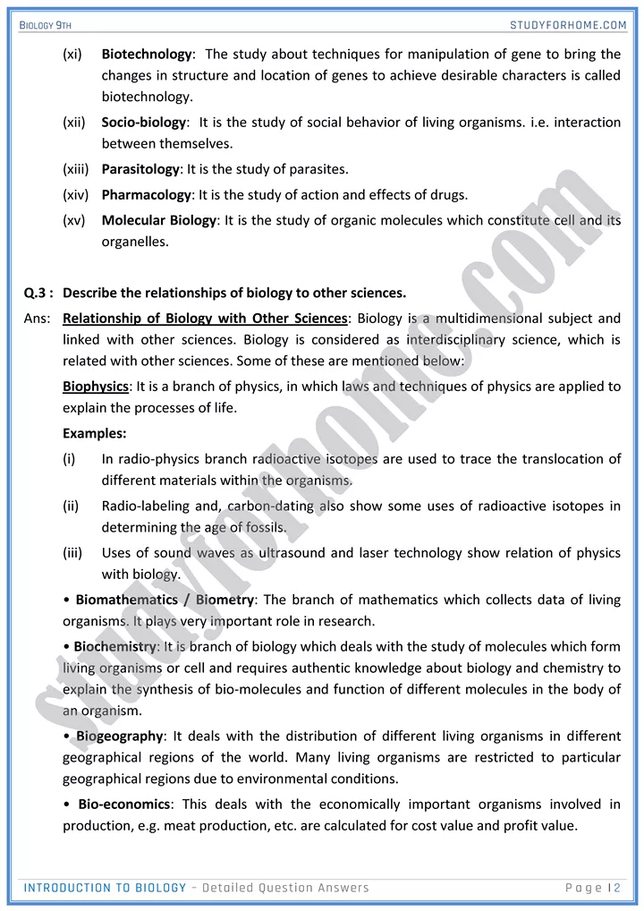 introduction to biology detailed question answers biology 9th 02