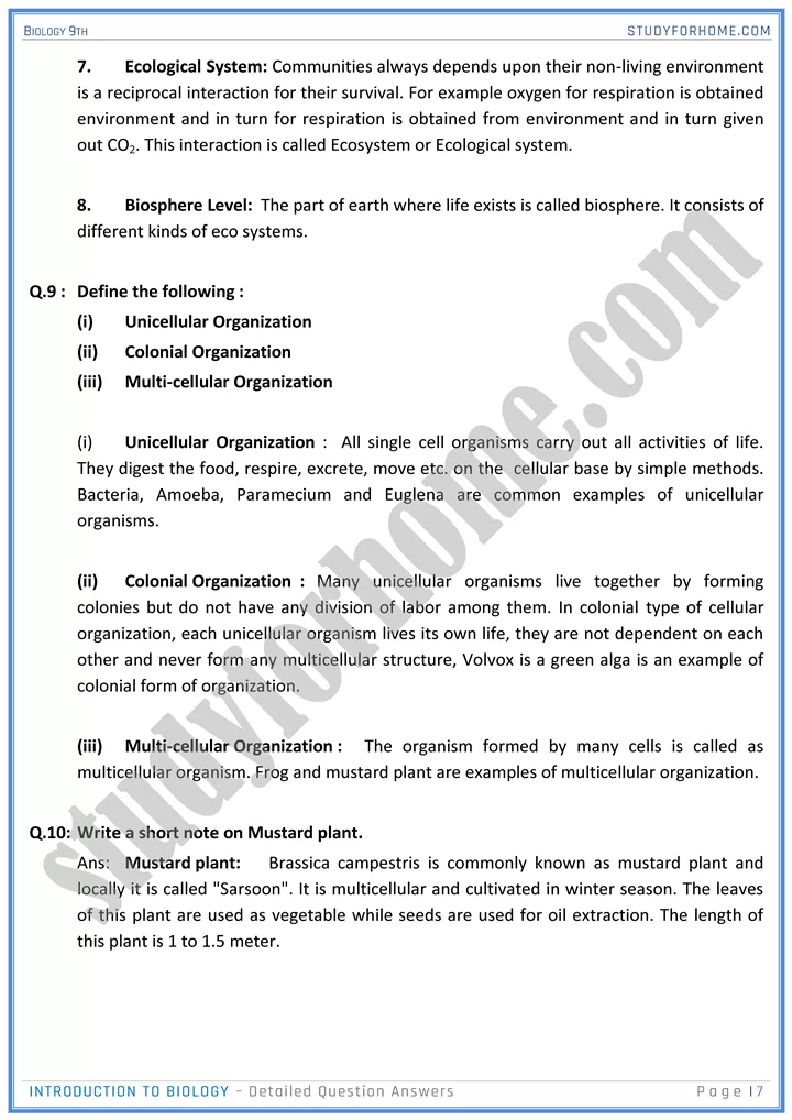 introduction to biology detailed question answers biology 9th 07