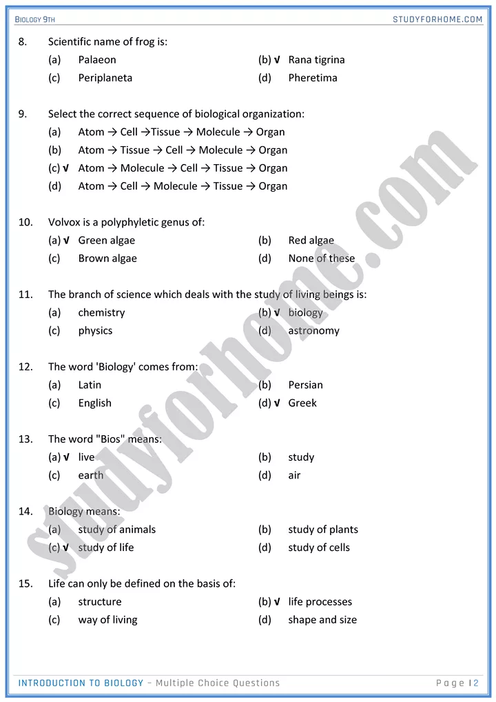 introduction to biology mcqs biology 9th 02