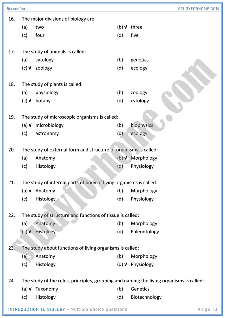 introduction to biology mcqs biology 9th 03