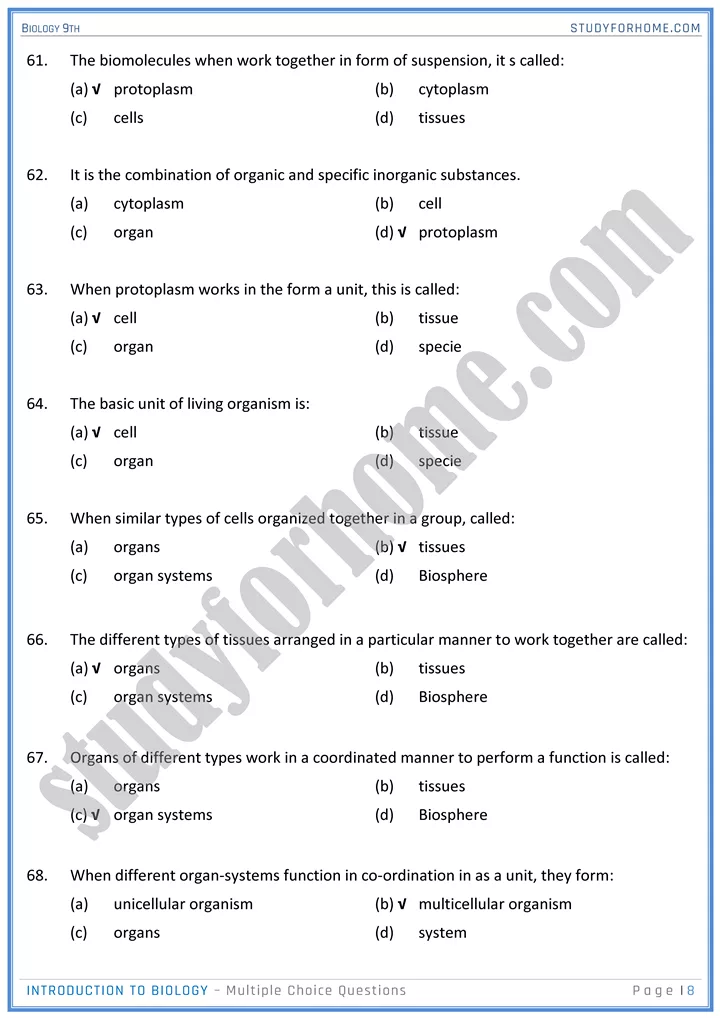 introduction to biology mcqs biology 9th 08