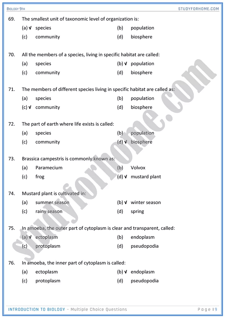 introduction to biology mcqs biology 9th 09