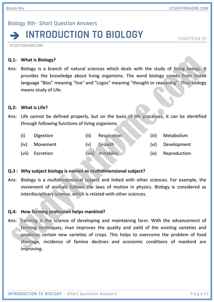 introduction to biology short question answers biology 9th 1