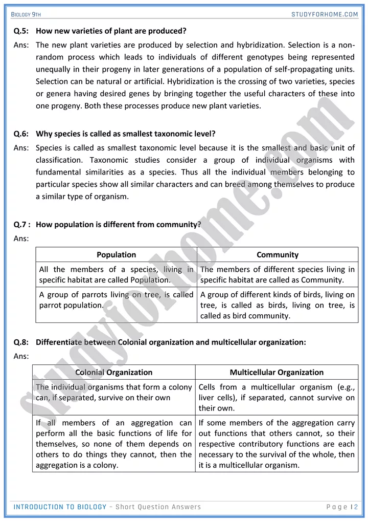 introduction to biology short question answers biology 9th 2