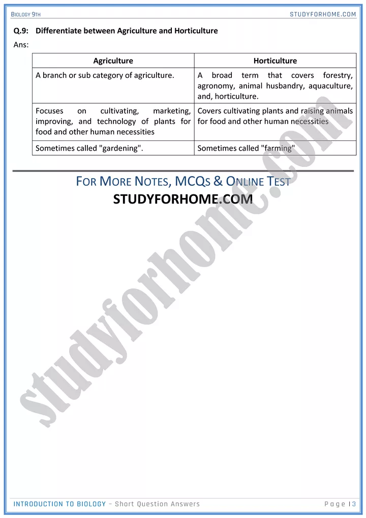 introduction to biology short question answers biology 9th 3