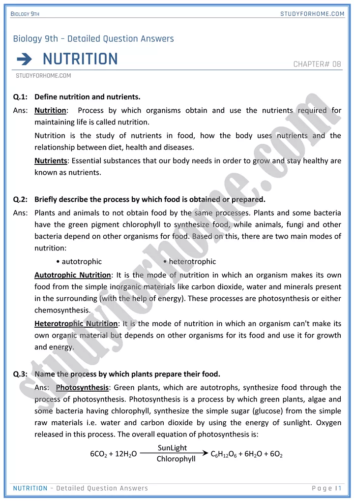 nutrition detailed question answers biology 9th 01