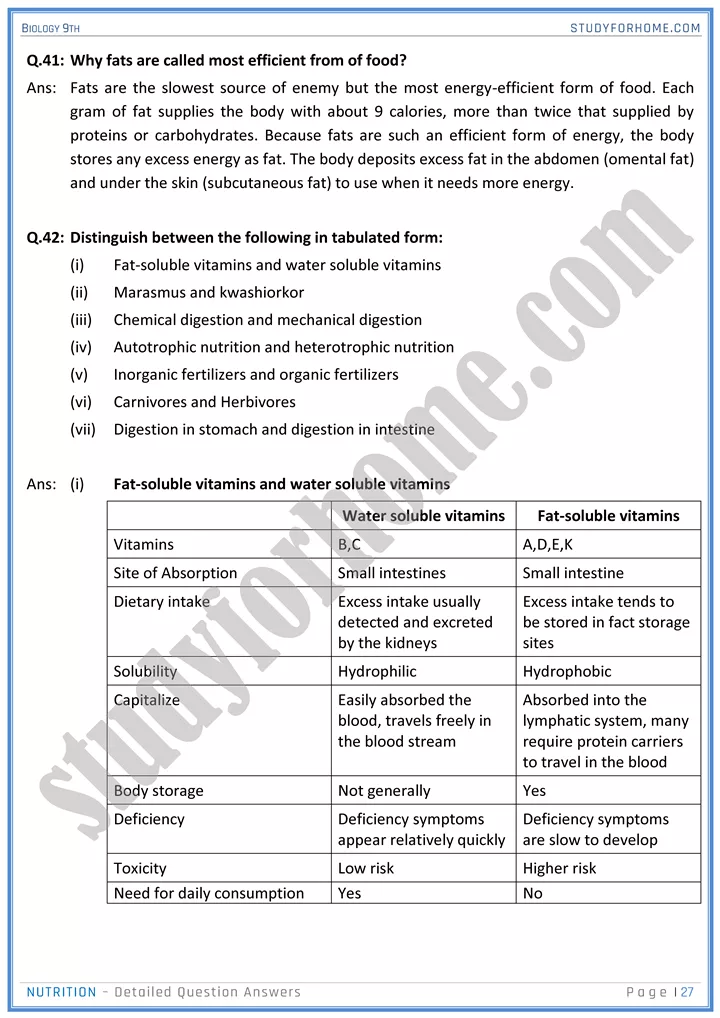 nutrition detailed question answers biology 9th 27