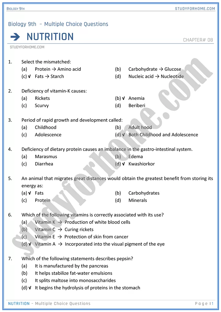 nutrition mcqs biology 9th 01