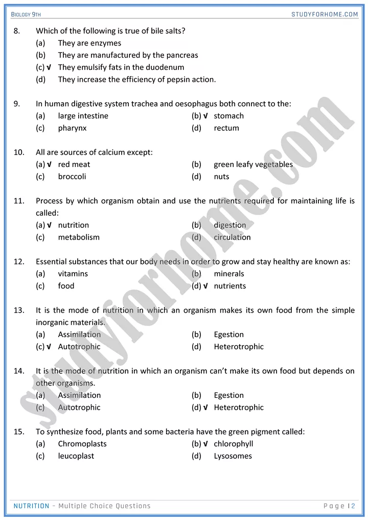 nutrition mcqs biology 9th 02