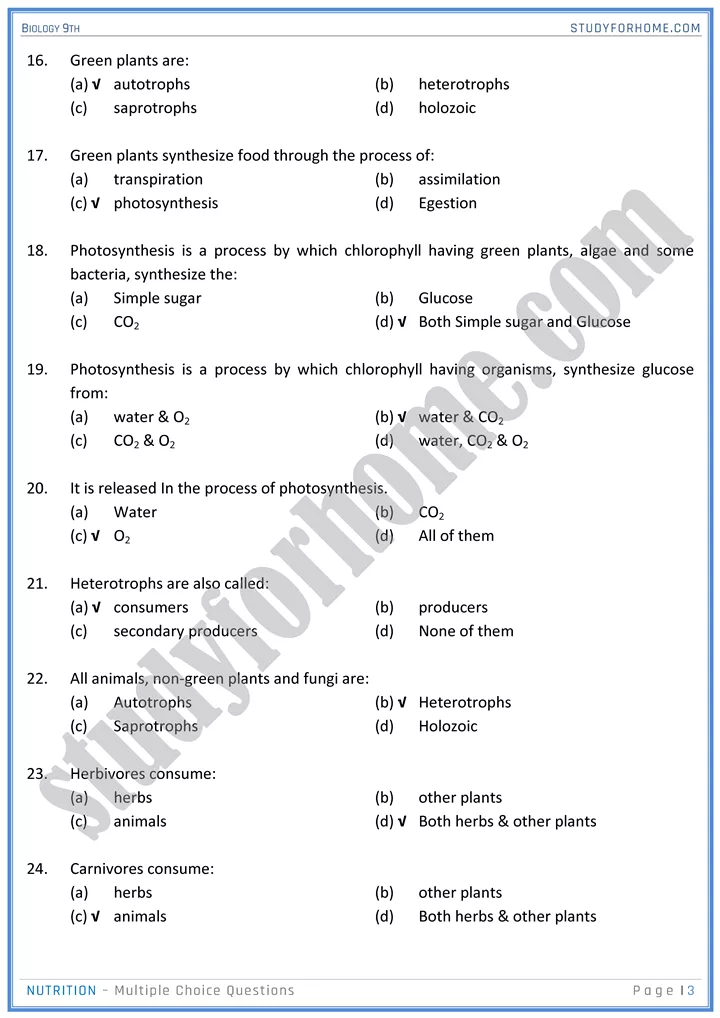 nutrition mcqs biology 9th 03