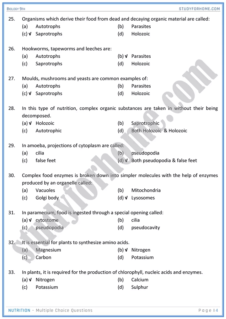 nutrition mcqs biology 9th 04