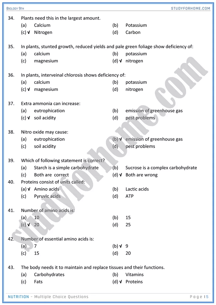 nutrition mcqs biology 9th 05