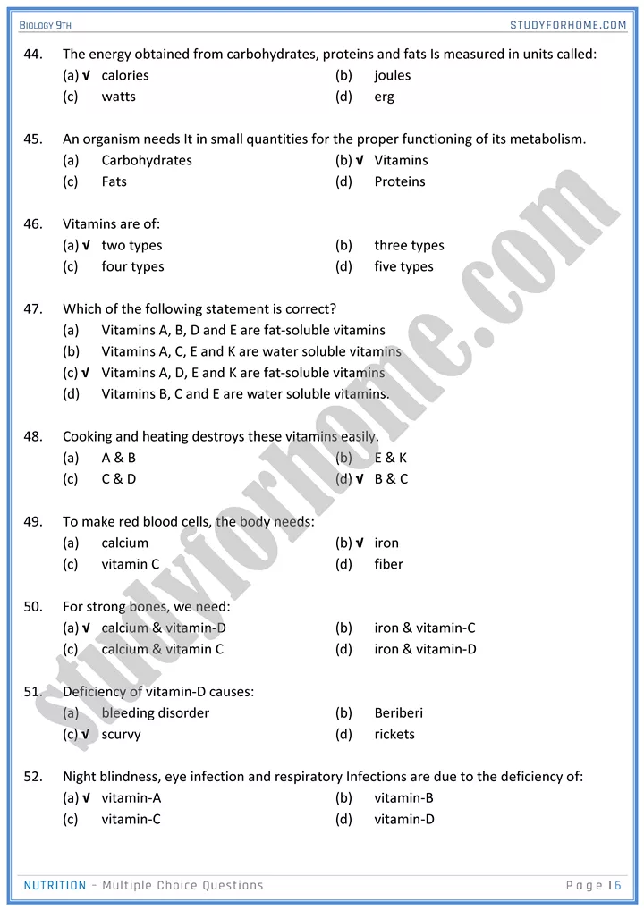 nutrition mcqs biology 9th 06