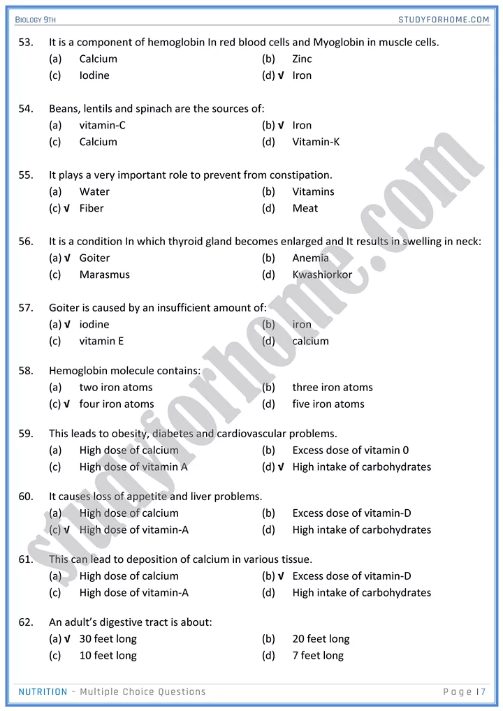 nutrition mcqs biology 9th 07