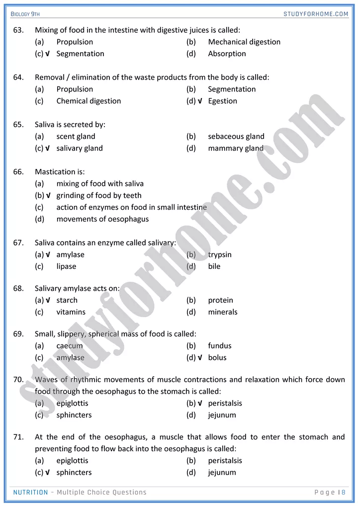 nutrition mcqs biology 9th 08