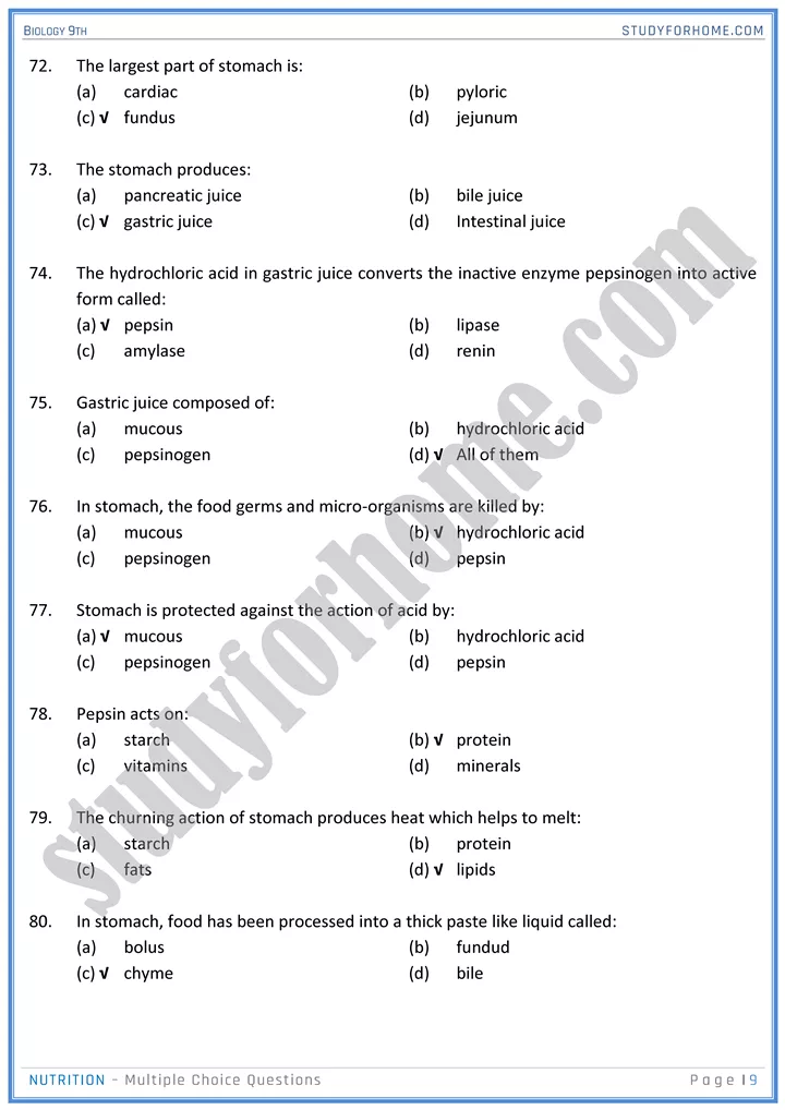 nutrition mcqs biology 9th 09