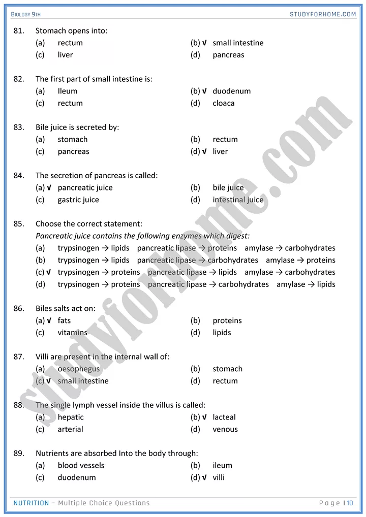 nutrition mcqs biology 9th 10