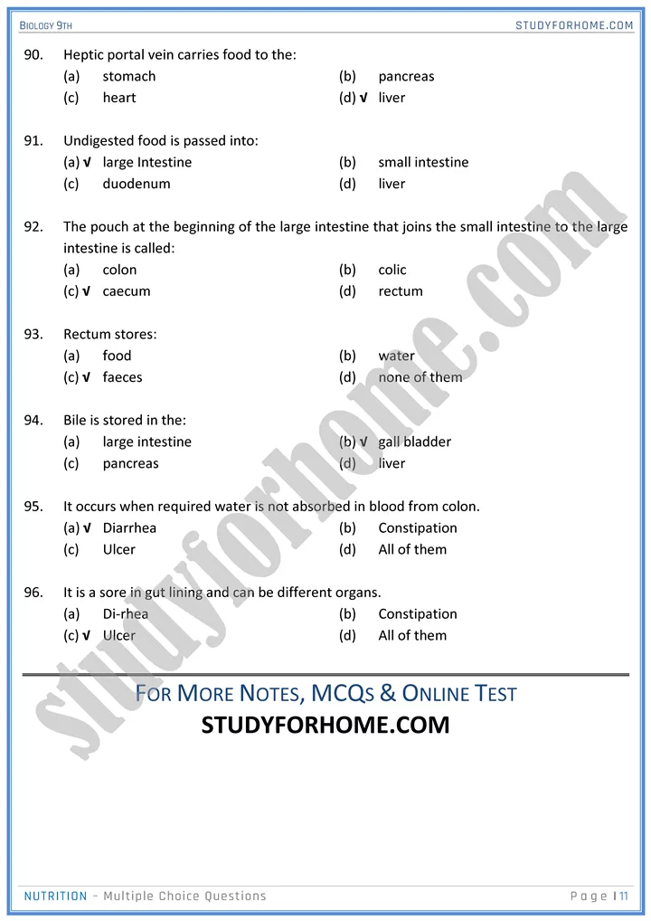 nutrition mcqs biology 9th 11