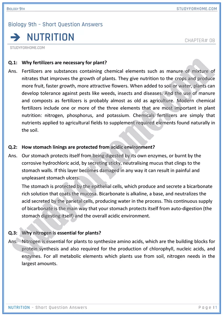 nutrition short question answers biology 9th 1