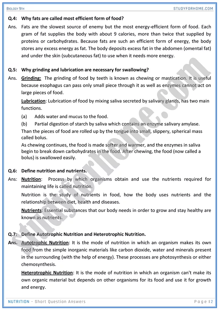 nutrition short question answers biology 9th 2