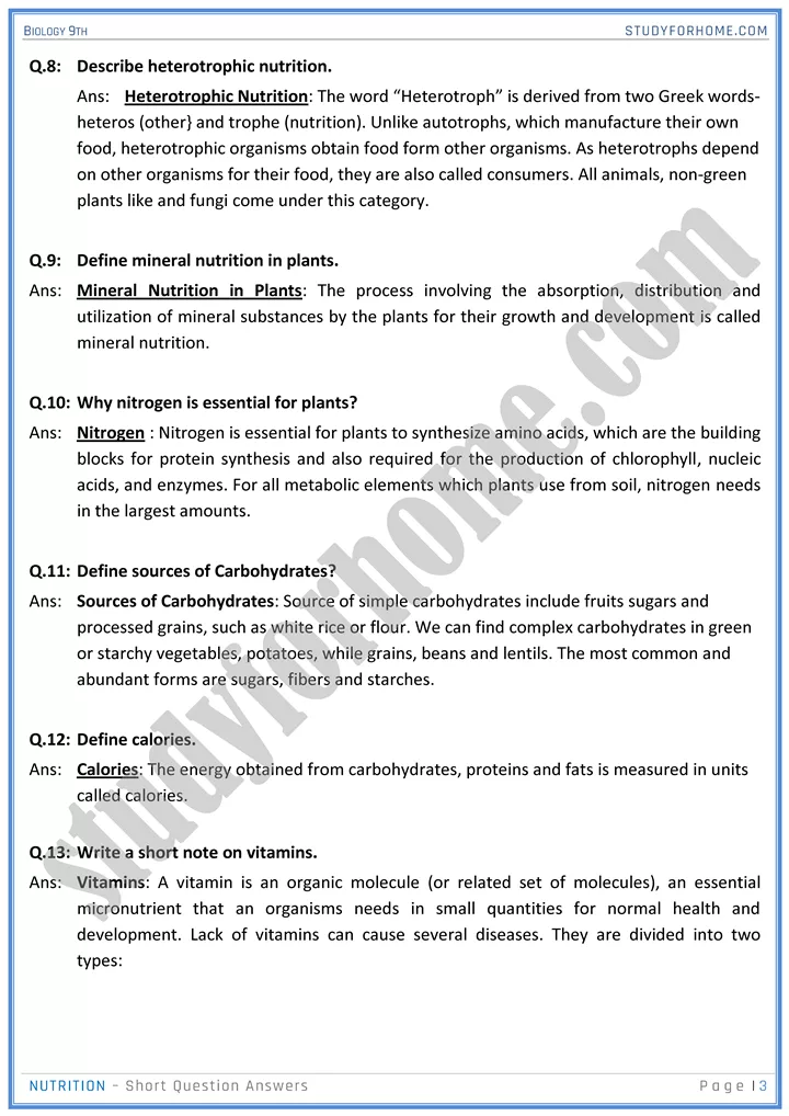 nutrition short question answers biology 9th 3