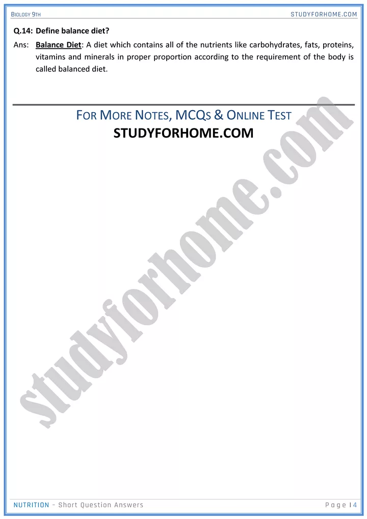 nutrition short question answers biology 9th 4