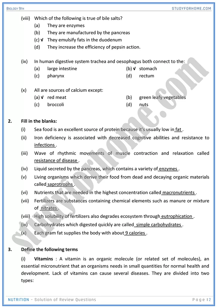 nutrition solution of review questions biology 9th 02