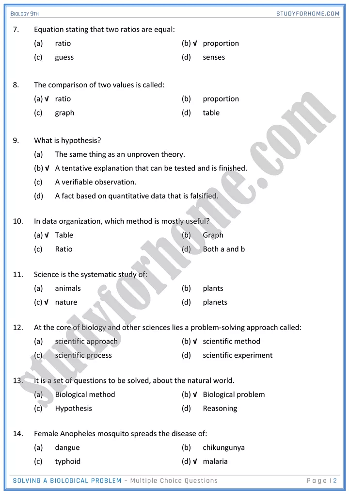 solving a biological problem mcqs biology 9th 2