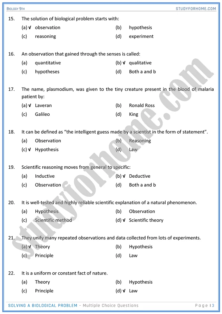 solving a biological problem mcqs biology 9th 3