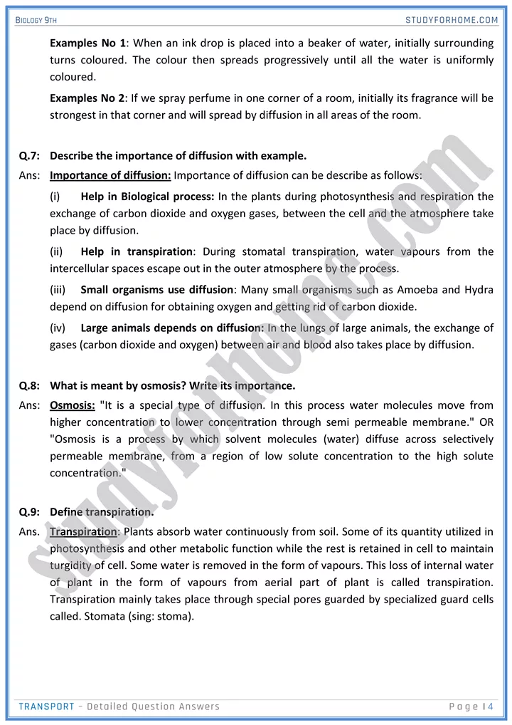 transport detailed question answers biology 9th 04