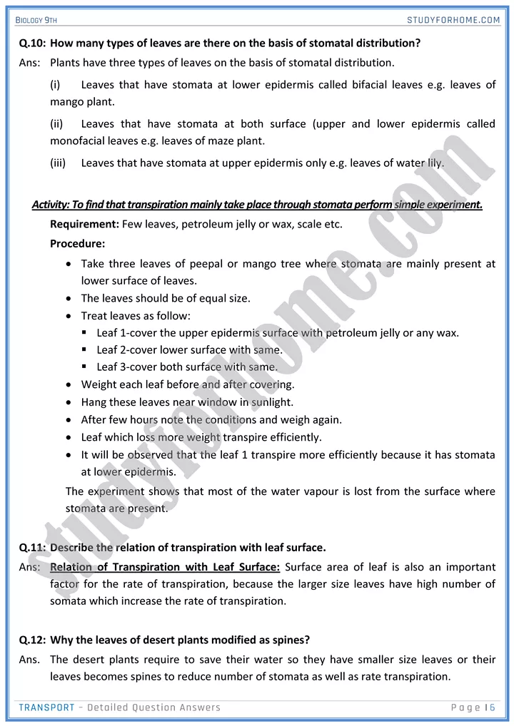 transport detailed question answers biology 9th 06