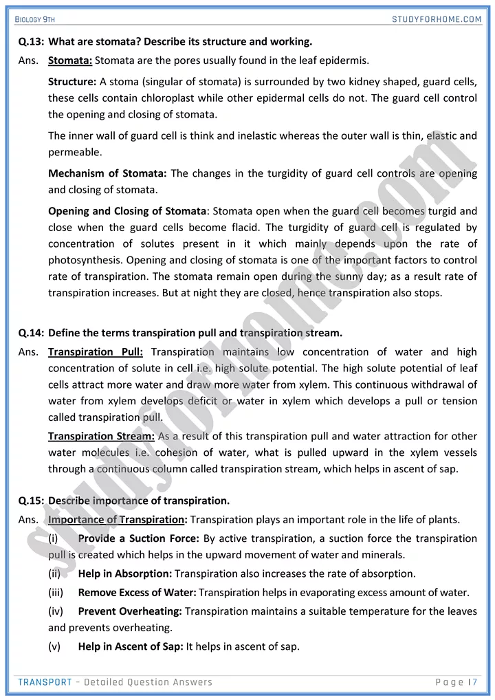 transport detailed question answers biology 9th 07