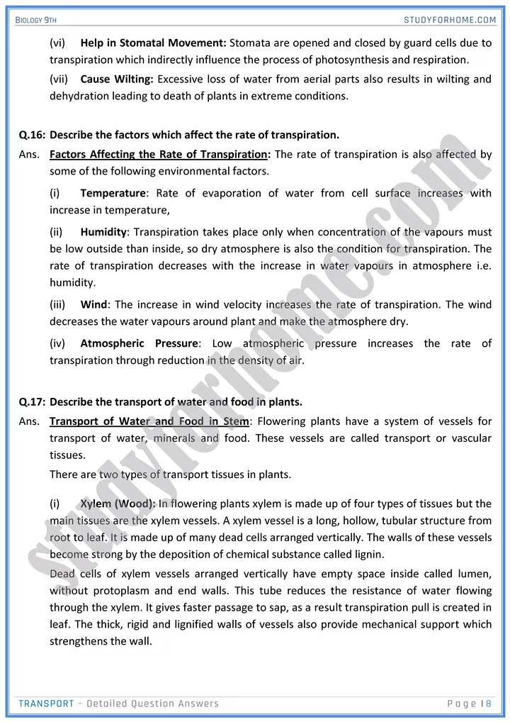 transport detailed question answers biology 9th 08