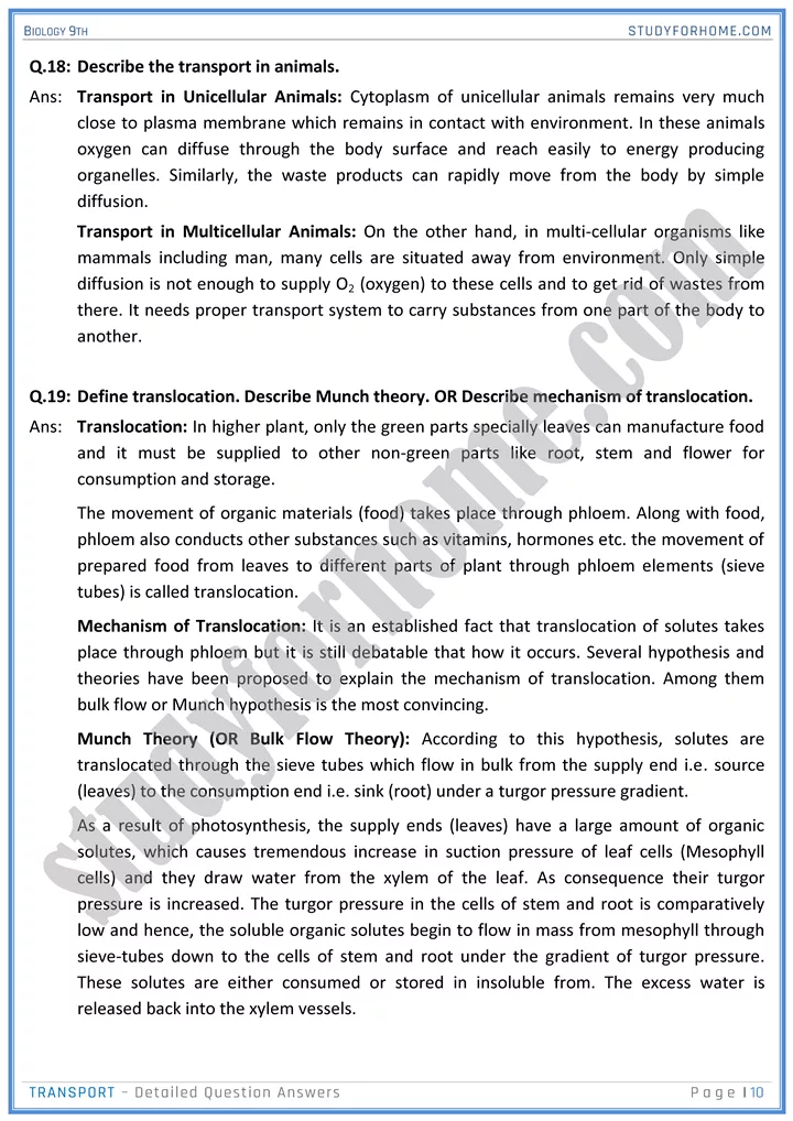 transport detailed question answers biology 9th 10