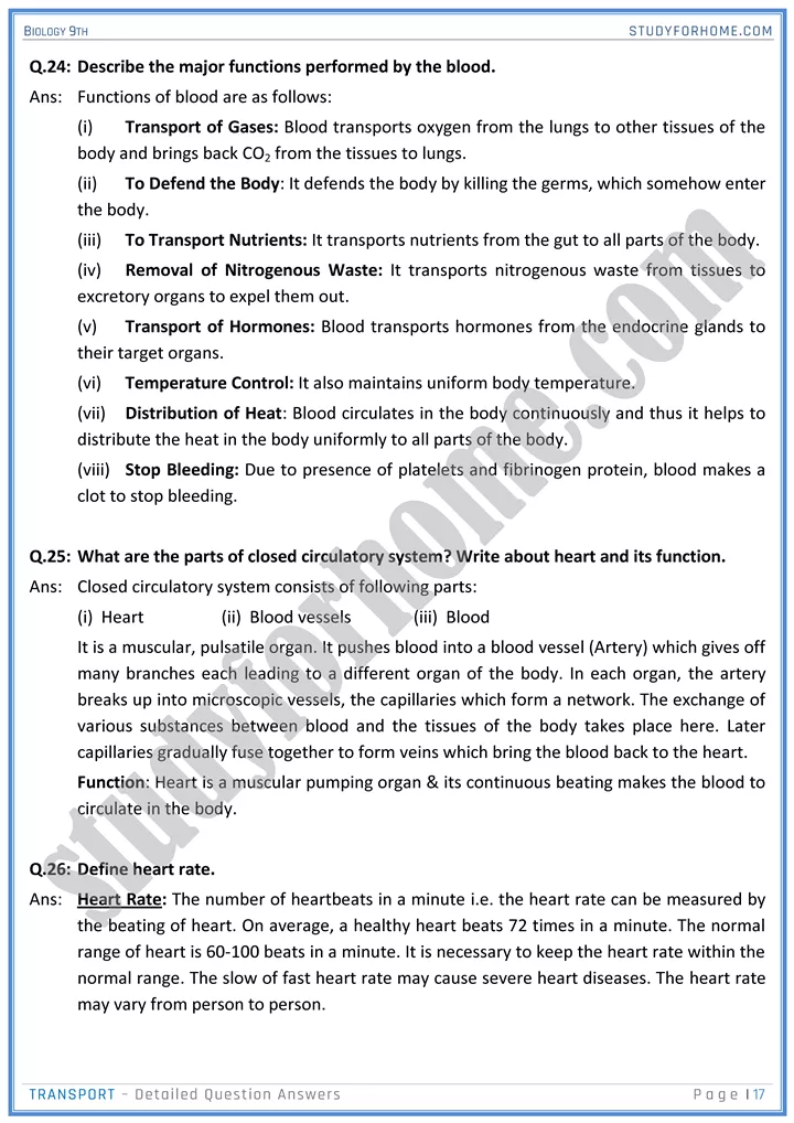 transport detailed question answers biology 9th 17