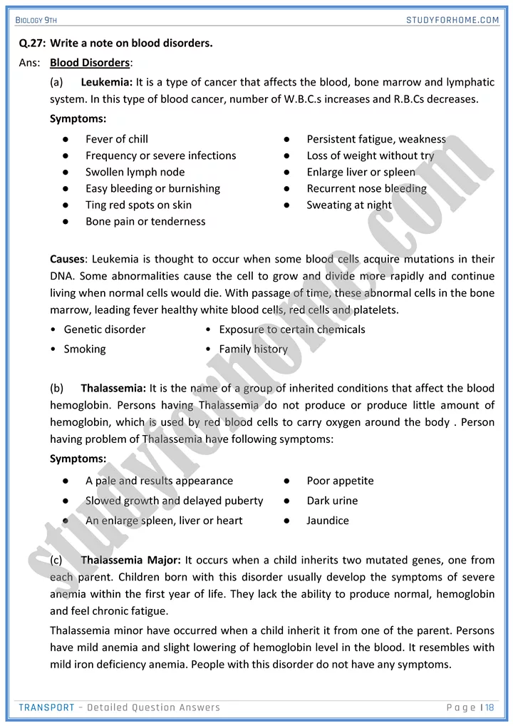 transport detailed question answers biology 9th 18