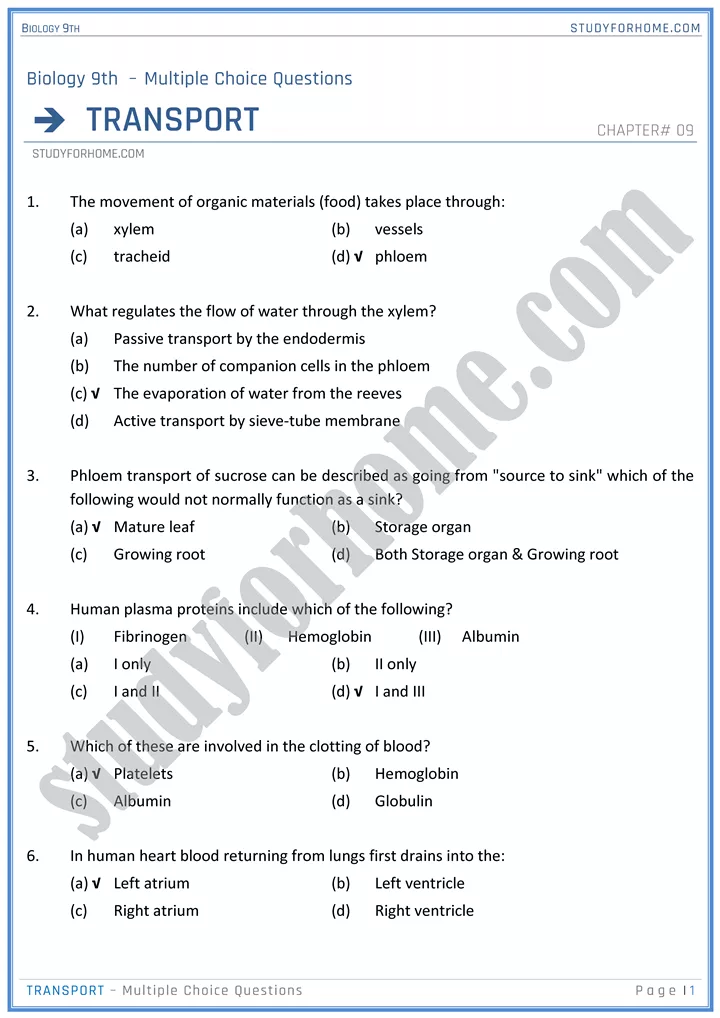 transport mcqs biology 9th 01