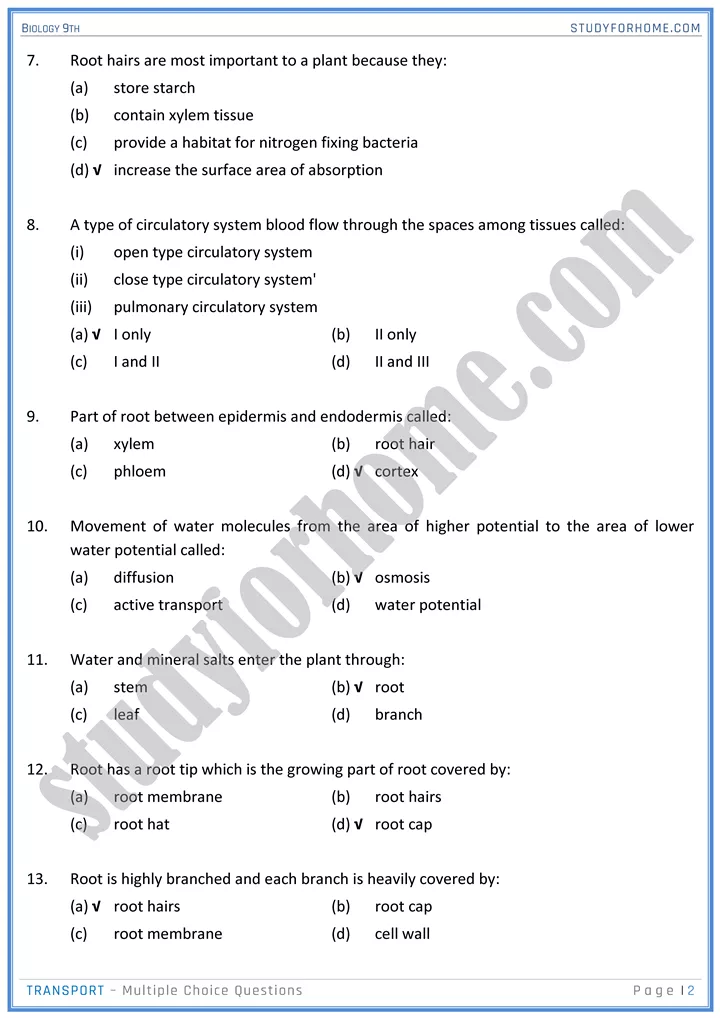 Transport - MCQs - Biology 9th