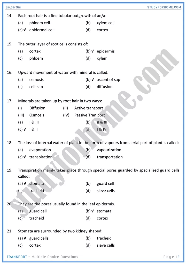 transport mcqs biology 9th 03